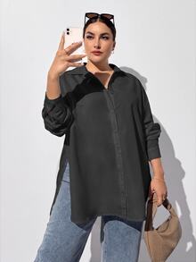 SHEIN Essnce 大尺碼女款純色長袖單排扣側開衩下擺休閒襯衫 秋季 - 深灰色 - 查看 6