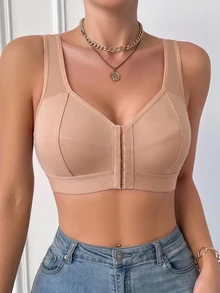 SHEIN 1pc Women's Solid Color Casual Comfortable Front Closure Bra - Dusty Pink - View 4