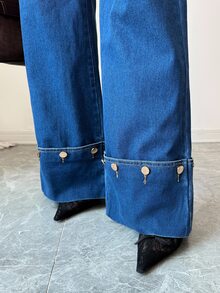 Elenzga Celana Jeans Denim Wanita Model Lebar, Longgar, Kasual, Serbaguna dengan Kantong - Dark Wash - View 5