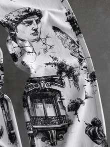 ROMWE MEN American Cool Retro Sketch Statue All-Over Print Wide Leg Denim Jeans Unisex High Street Angel Portrait Print Washed Soft All-Season Versatile Denim Pants - Multicolor - View 4