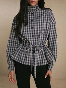 Poéselle Women Quiet French Classic Luxury Plaid Lightweight Jacket, Drawstring Waist Outerwear For Office,Women's Autumn Jacket White And Navy - Navy Blue - View 4
