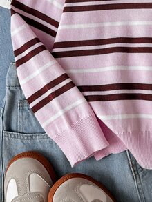 SHEIN 青少年女孩秋冬新款休閒日常學院風粉色與棕色條紋 Polo 領長袖毛衣，返校穿搭 - 粉色 - 查看 7