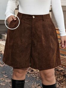 SHEIN LUNE Plus Size Casual Versatile Pocket Button Shorts For Daily Wear - Coffee Brown - View 2