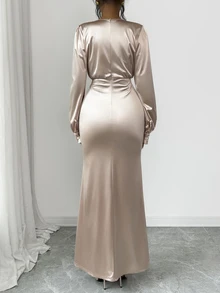 Elenzga Women's Solid Color V-Neck Pleated Elegant Waist-Cinching Party Dress - Champagne - View 2