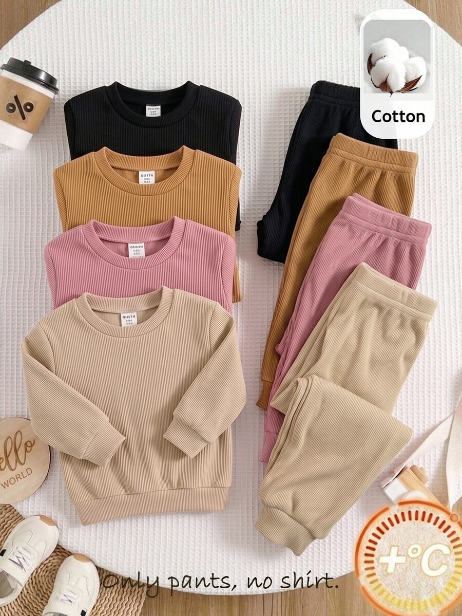 SHEIN 4件組可愛百搭休閒秋冬純色鬆緊腰女嬰長褲 - 彩色 - 查看 1