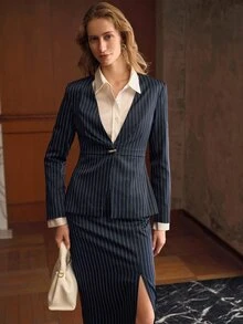 MOTF PREMIUM BLAZER GARIS-GARIS RAPI DENGAN SATU KANCING - Navy Blue - View 5