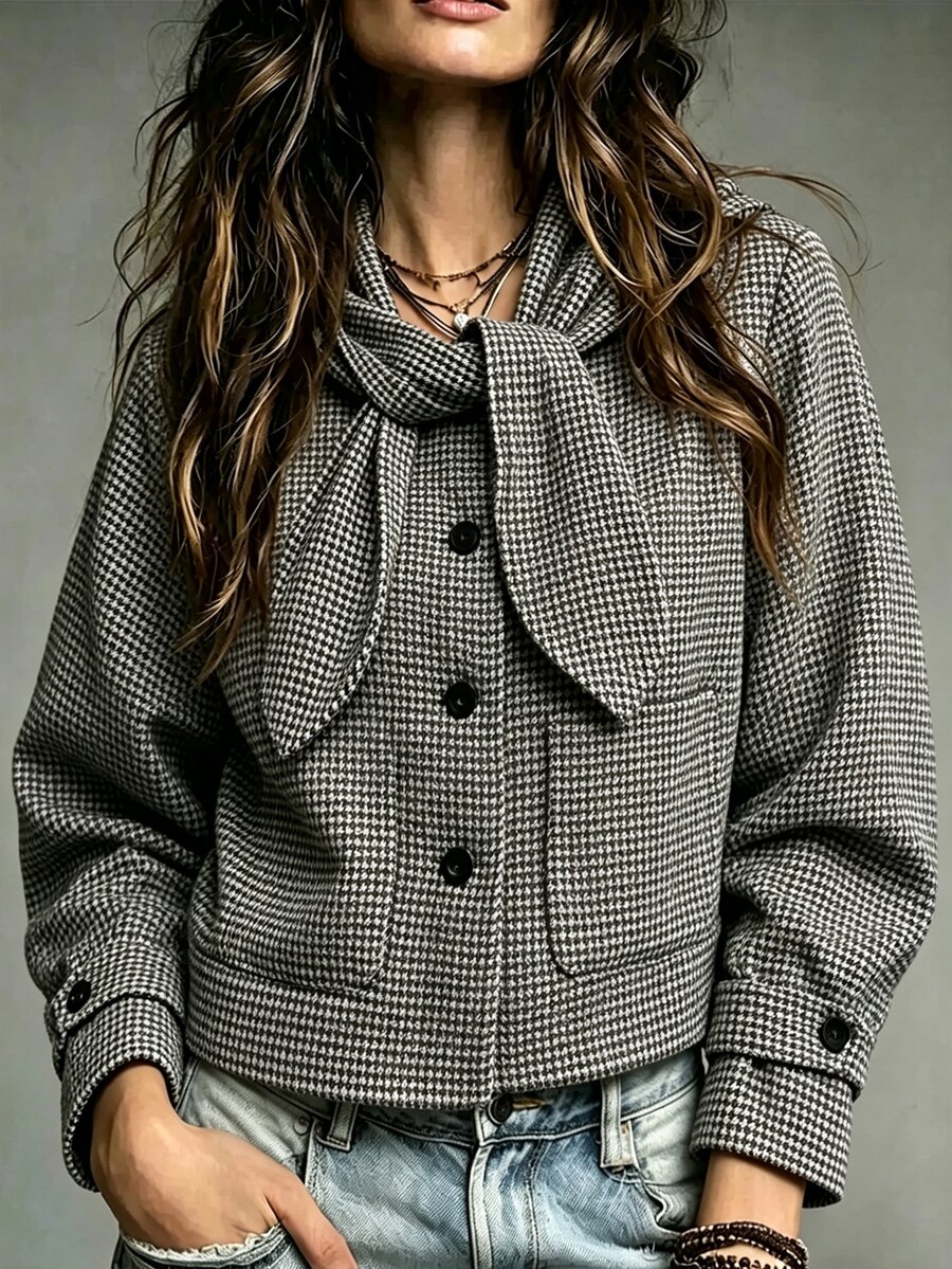 SHEIN Topi Wanita Motif Houndstooth Vintage Prancis dengan Desain Telinga Kelinci dan Tali, Kancing Tunggal, Saku 3D, Gaya Retro Kolegiat, Bahan Wol Serbaguna - Coklat - View 1