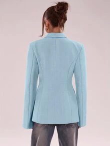 SHEIN BAE 女款純色翻領長袖單排扣休閒西裝外套 - 淺藍色 - 查看 2