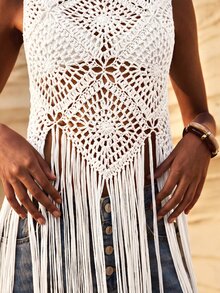 Maija Women's Solid Color Tassel Design Casual Versatile Daily Wear Knit Top - White - View 5