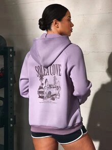 Solea Cove Women's Letter Print Raglan Long Sleeve Drawstring Hooded Sweatshirt - Dusty Purple - View 2