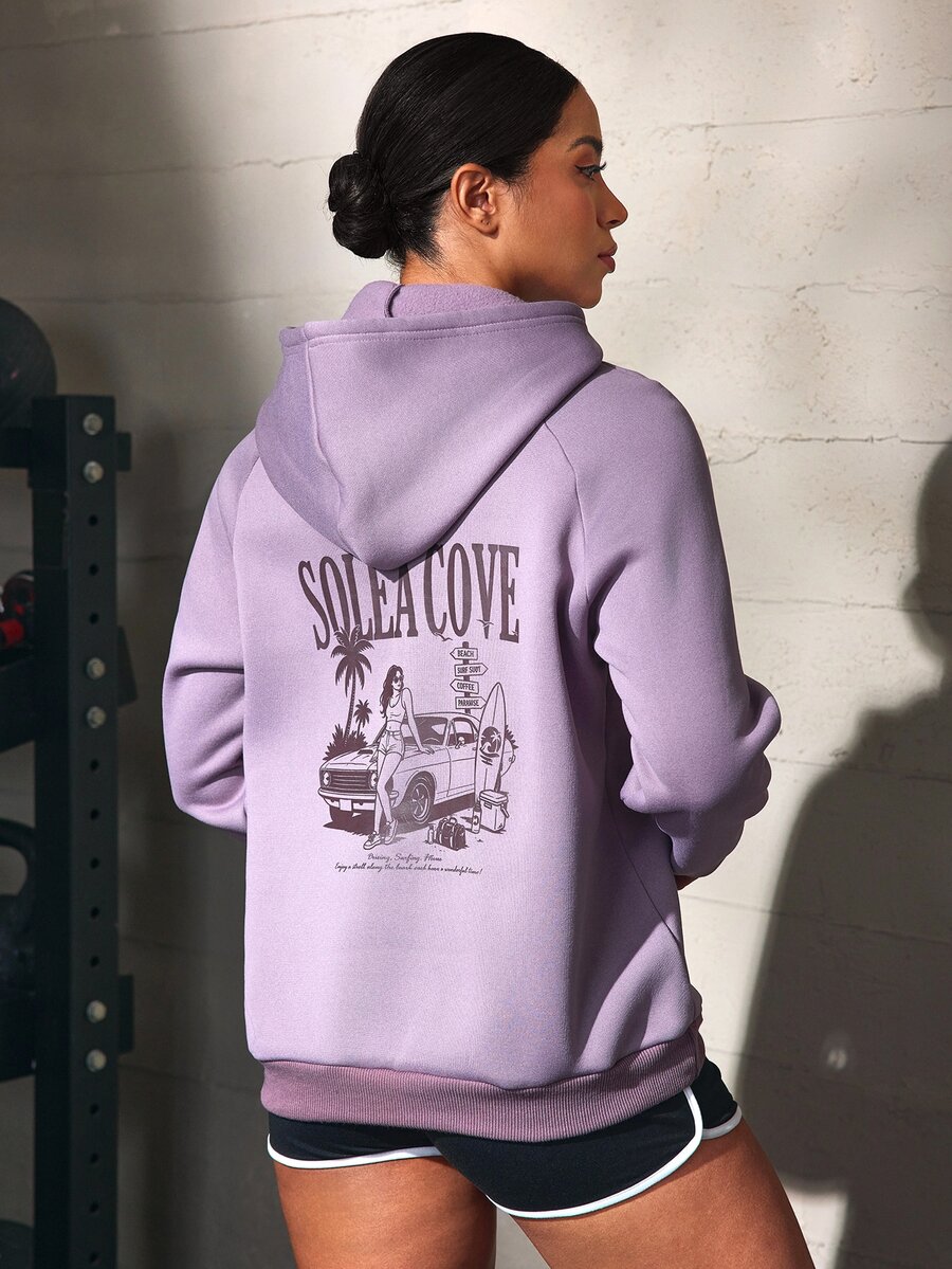 Solea Cove Women's Letter Print Raglan Long Sleeve Drawstring Hooded Sweatshirt - Dusty Purple - View 1