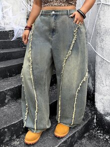 Jeanoix Celana Jeans Denim Ukuran Besar Pinggang Tinggi Longgar Kaki Lebar dengan Desain Jahitan Tepi Kasar Bergaya Subkultur Y2K Vintage - Light Wash - View 4