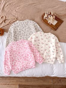 SHEIN 秋冬款 3件套！少女休閒趣味淺色豹紋＋花卉圖案，厚實柔軟舒適圓領套頭運動衫，多件裝女童服飾，Y2K、可愛風、派對、日常、度假、可愛舒適 - 彩色 - 查看 3