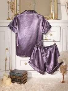 LuxeNights 純色短袖上衣與短褲（仿絲綢）居家休閒服 2 件套 - 淺灰紫 - 查看 2
