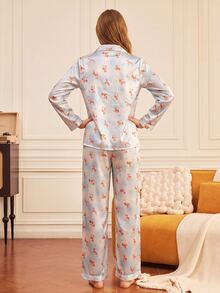 Provexi Provexi Women's Long Sleeve Long Pants Cartoon Print 2 Pieces Pajama Set Lounge Sleep Light Blue Autumn Romantic Cute - Blue and White - View 2