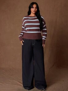 Rustia Plus Size Autumn/Winter Casual Colorblock Striped Sweater - Multicolor - View 5