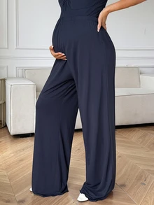 Dazy Maternity Solid Color Fitted Twisted Tank Top, Straight Leg Pants, Loose Cardigan, Casual Home Daily 3-Piece Set, Spring/Autumn Maternity 2-Piece Set - Blue - View 3