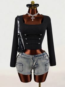 Mistrie Sweater Wanita Polos Leher Persegi Lengan Panjang dengan Kancing dan Potongan Pas Badan - Hitam - View 4