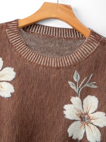 EMERY ROSE Plus Size Casual Floral Print Round Neck Drop Shoulder Long Sleeve Pullover Sweater Winter - Coffee Brown - View 4