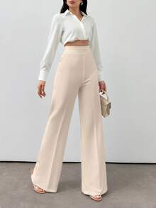 SHEIN Plus Size Women's Solid Color Casual Woven Wide Leg Pants - Beige - View 3