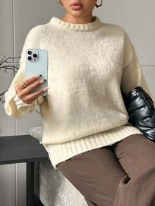 Dazy Plus Solid Color Loose Round Neck Pullover Knit Sweater, Brushed Thickened Autumn/Winter Casual Old Money Vacation Sweater - Beige - View 6