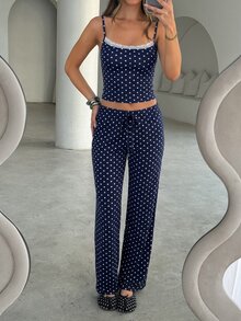 Aloruh Women's Casual Home Striped Camisole & Long Pants Set - Navy Blue - View 4