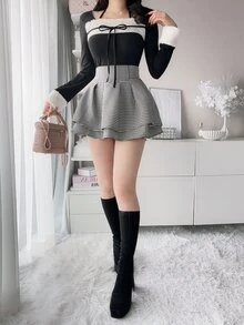 FRIFUL Women's Bowknot Decor Contrast Color Long Sleeve Fashion T-Shirt - Black - View 3