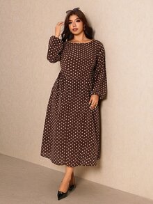 Elaquor Plus Size Women's Polka Dot Casual Party Dress - Brown - View 6