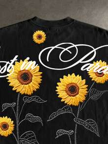 Manfinity ZONE917 Boxy Cropped Street Sunflower Graphic Print Batwing Sleeve T-Shirt & Double Waistband Short Sweatpants Set - Black - View 2