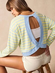 VARSIVA Women's Striped Back Cutout Drop Shoulder Long Sleeve Sports T-Shirt - Multicolor - View 2