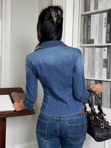 Rivivi Women's 3/4 Sleeve Single-Breasted Utility Pocket Slim Fit Denim Shirt - Dark Wash - View 2