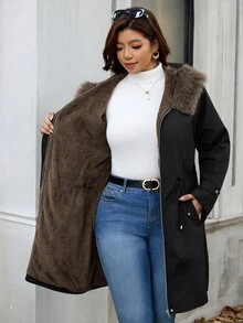 SHEIN Clasi Plus Size Women's Fur Collar Long Sleeve Drawstring Waist Casual Jacket - Black - View 1