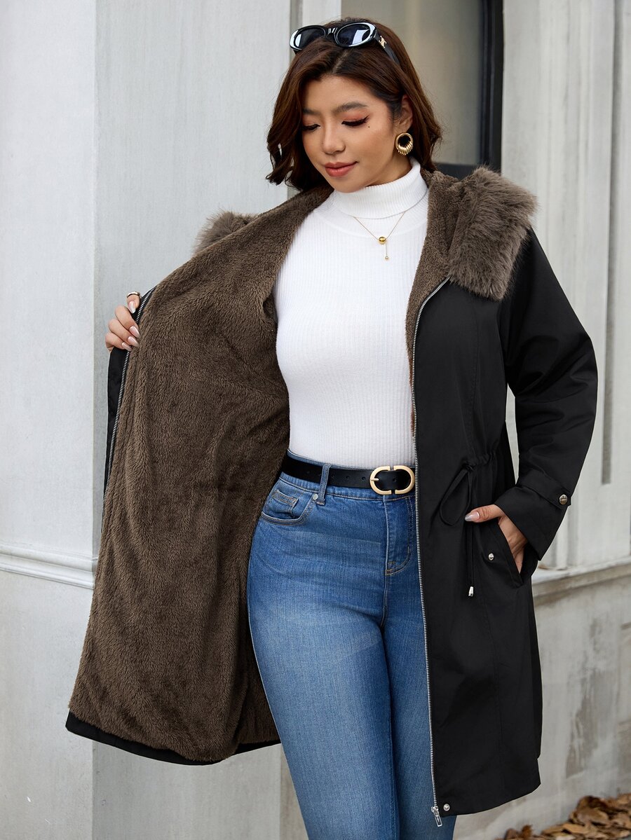 SHEIN Clasi Plus Size Women's Fur Collar Long Sleeve Drawstring Waist Casual Jacket - Black - View 1