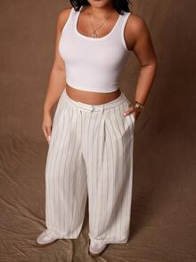 Rustia Plus Size Commuter Street Mid-Waist Custom Linen Pleated Wide Leg Suit Pants, Single Button Waist, Draped Cropped Lyocell Striped Fabric Straight Leg Casual Trousers - White - View 2