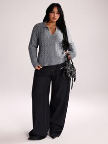 Rustia Plus Size Women Ribbed Texture Polo Collar Long Sleeve Pullover Sweater, Autumn/Winter Back To School Season - Grey - View 6