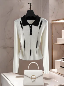 SHEIN LUNE CURVE Plus Size Colorblock Fashion Button Half-Placket Long Sleeve Sweater Winter - Beige - View 4