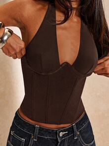 SHEIN BAE Women's Solid Color Casual Versatile Daily Wear Halter Neck Top - Coffee Brown - View 8