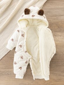 SHEIN 1 buah Baju Terusan Bayi Perempuan Musim Dingin 2025 Motif Patchwork Awan Baru Berlapisan Termal Berkerudung Depan Terbuka Selangkangan Terbuka Lengan Panjang Manset dan Hem Bergaris Modis Lucu Tebal - MultiWarna - View 6