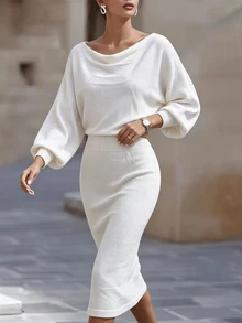 Balvessa Women's Solid Color Cowl Neck Batwing Long Sleeve Fitted Elegant Knit Dress - White - View 5