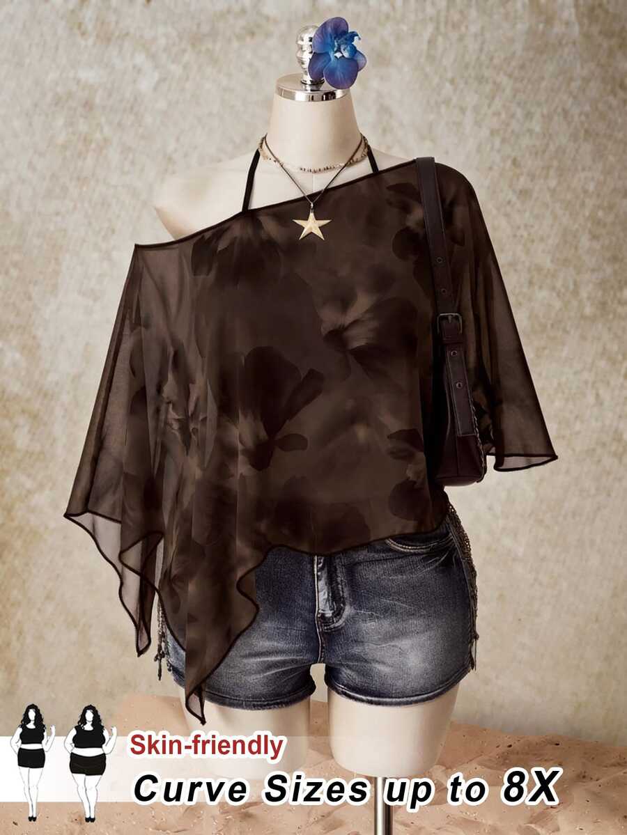 SHEIN CURVE+ 大尺碼女款休閒浪漫花卉印花網紗棕色上衣