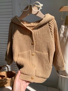SHEIN 嬰兒男孩女孩通用 素色百搭舒適連帽長袖開襟針織外套 秋冬適用 - 卡其色 - 查看 8