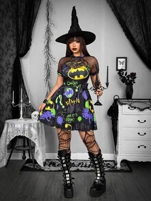 Whyspr BATMAN X SHEIN Plus Size Women's Patchwork Fishnet Cartoon Print Short Sleeve Casual Dress - Black - View 5