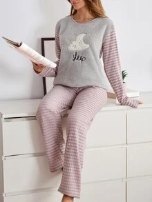 SHEIN Women 2pcs Striped Rib Knit&Fuzzy With Cute Graphic Embroidery Detailed Round Neck Long Sleeved & Long Pants Homewear Comfort Pajama Set - Pink - View 6