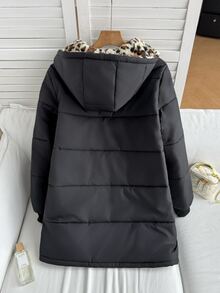 SHEIN 青少年女孩冬季中長款長袖加厚棉襖，內裡刷毛，人造毛領帽，保暖舒適，純色時尚日常秋季穿搭外套 - 黑色 - 查看 2