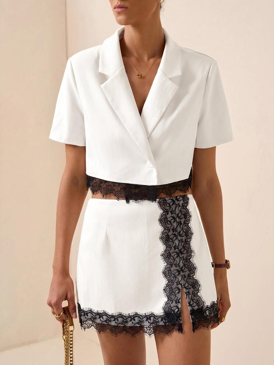 Briarwyn Women's French Lace Patchwork Button Jacket And Slit Mini Skirt 2 Pieces Set - White - View 1