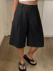 Dazy Plus Celana Pendek Bermuda Wanita Ukuran Besar Warna Polos, Celana Pendek Kasual Elegan untuk Musim Semi, Musim Panas, dan Musim Gugur. - Hitam - View 5