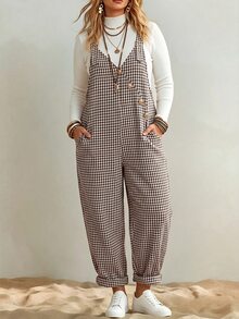 Linhara CURVE Plus Size Women's Autumn/Winter Houndstooth Plaid Decorative Buckle Pocket Overalls, Versatile For Outings, Commuting And Casual Wear - Brown - View 3