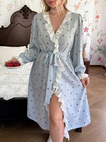 CottageSlumber Plus Size Women's Blue Plaid Cherry Print Open Front Lace Trim Lantern Sleeve Comfortable Draped Woven Bubble Crinkle Pastoral Romantic Waist Tie Long Sleeve Robe Bathrobe - Blue - View 6