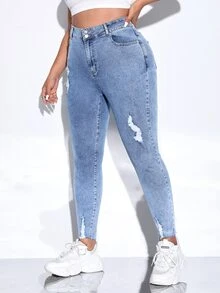 SHEIN CURVE+ Plus Size Women's Slim Fit Washed Denim Skinny Jeans, Versatile For Daily Wear - Medium Wash - View 6
