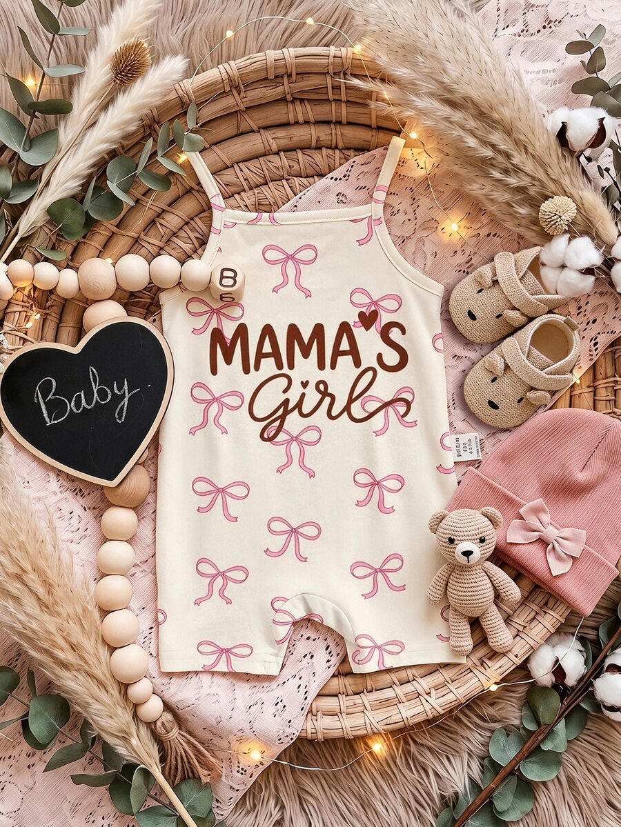 Mama's Girl 女嬰休閒復古粉色蝴蝶結印花細肩帶連身褲，適合春夏，女嬰嬰兒服飾，女嬰洗禮禮物 - 彩色 - 查看 1